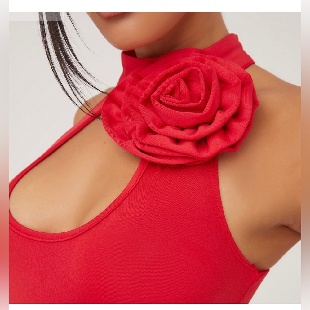 HIGH NECK KEYHOLE ROSE FRILL DETAIL MINI BODYCON DRESS IN RED - Picture 3 of 4